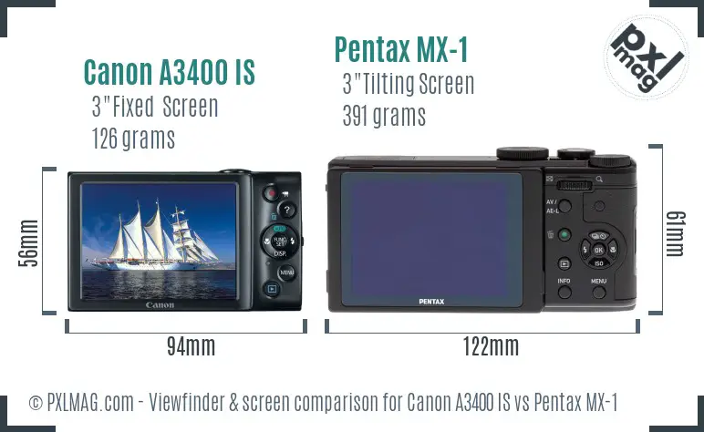 Canon A3400 IS vs Pentax MX-1 Screen and Viewfinder comparison