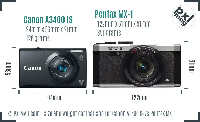 Canon A3400 IS vs Pentax MX-1 size comparison