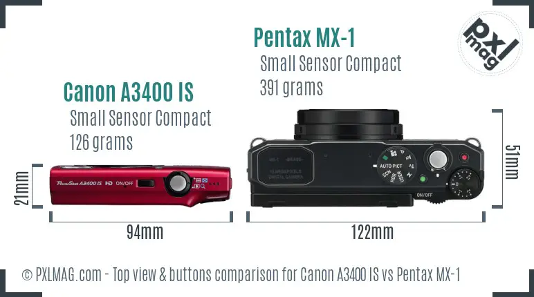 Canon A3400 IS vs Pentax MX-1 top view buttons comparison