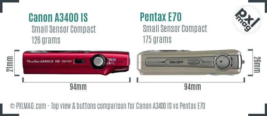 Canon A3400 IS vs Pentax E70 top view buttons comparison Canon A3400 IS vs Pentax E70 top view buttons comparison