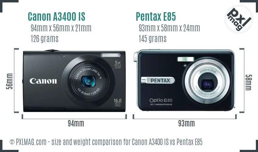 Canon A3400 IS vs Pentax E85 size comparison