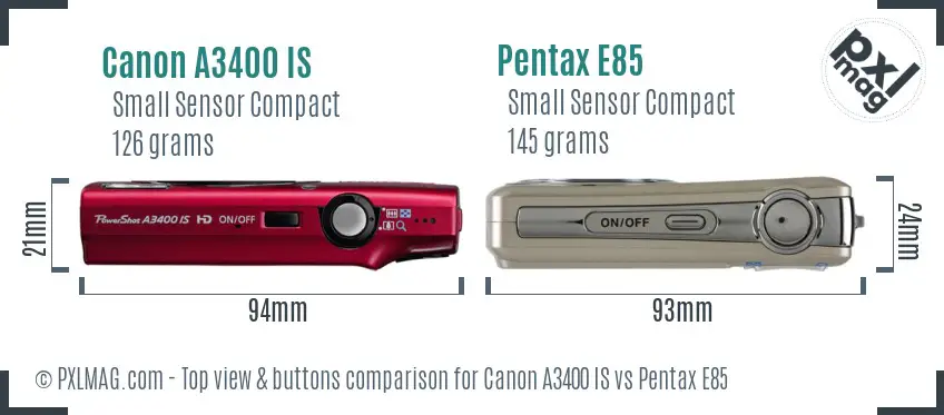 Canon A3400 IS vs Pentax E85 top view buttons comparison
