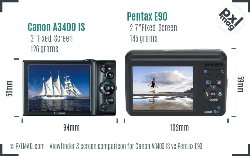 Canon A3400 IS vs Pentax E90 Screen and Viewfinder comparison