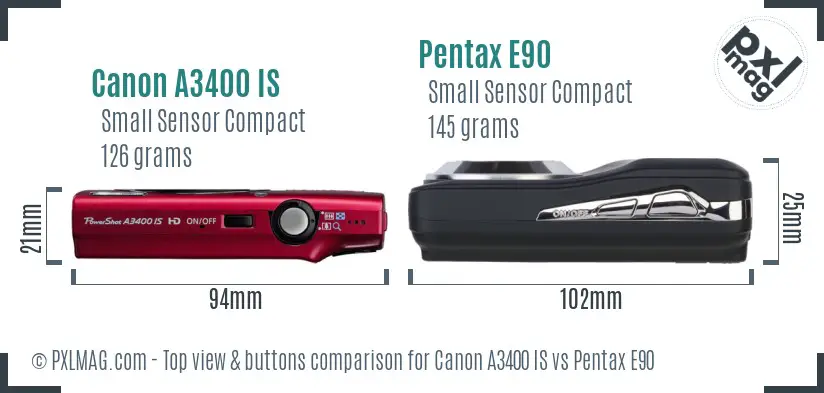 Canon A3400 IS vs Pentax E90 top view buttons comparison