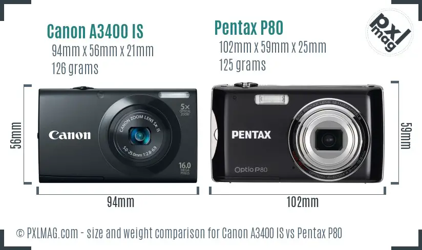 Canon A3400 IS vs Pentax P80 size comparison