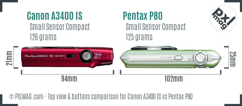 Canon A3400 IS vs Pentax P80 top view buttons comparison