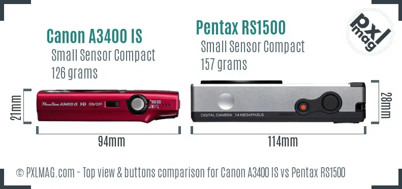 Canon A3400 IS vs Pentax RS1500 top view buttons comparison