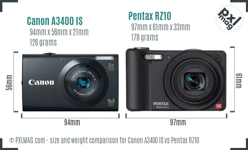 Canon A3400 IS vs Pentax RZ10 size comparison