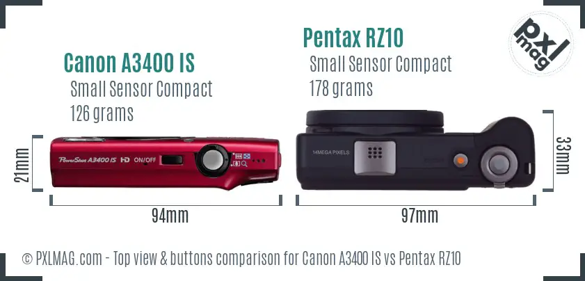 Canon A3400 IS vs Pentax RZ10 top view buttons comparison