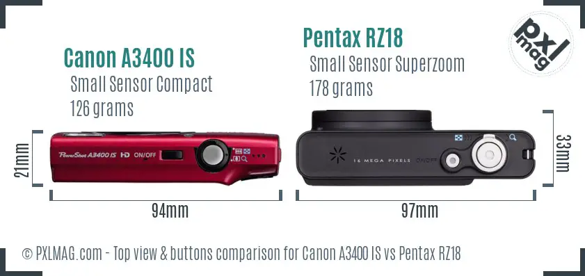 Canon A3400 IS vs Pentax RZ18 top view buttons comparison