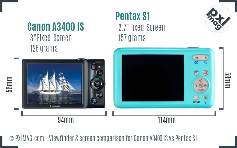 Canon A3400 IS vs Pentax S1 Screen and Viewfinder comparison