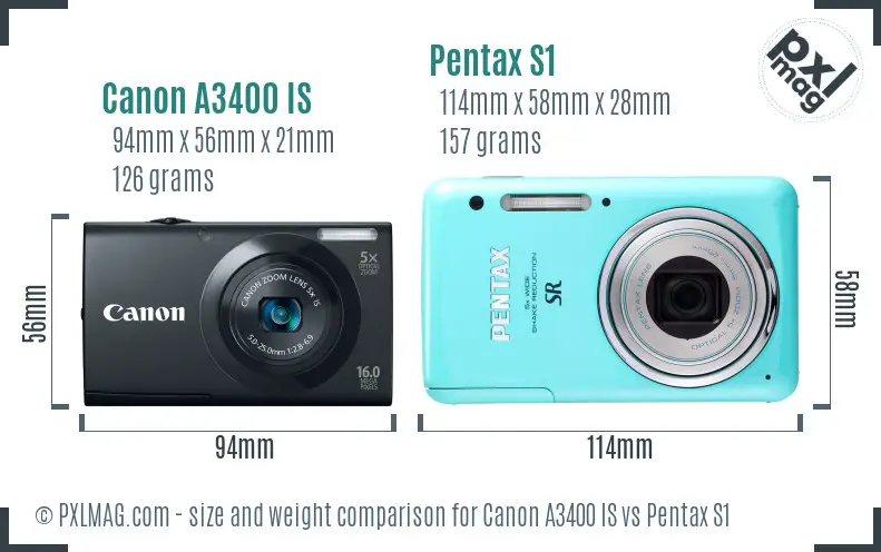 Canon A3400 IS vs Pentax S1 size comparison