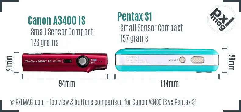 Canon A3400 IS vs Pentax S1 top view buttons comparison