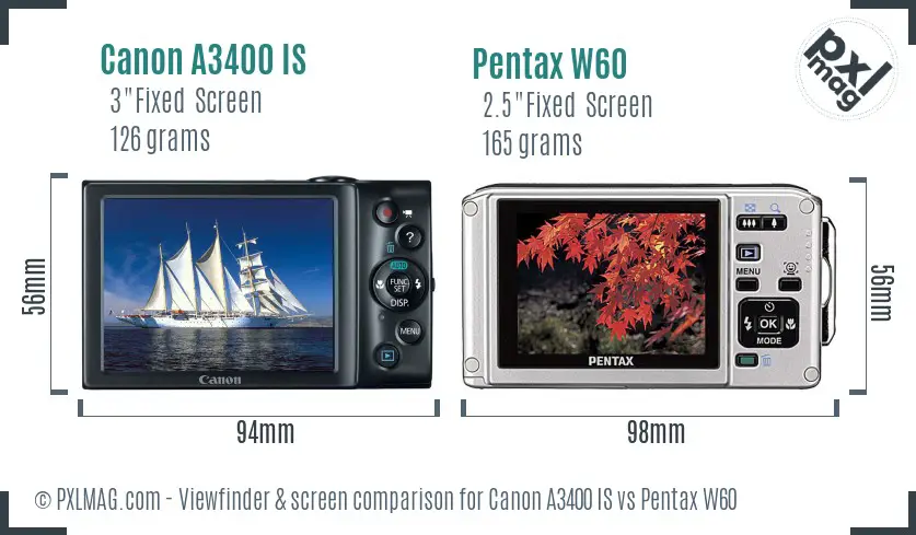Canon A3400 IS vs Pentax W60 Screen and Viewfinder comparison