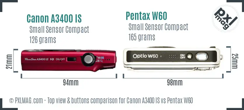 Canon A3400 IS vs Pentax W60 top view buttons comparison