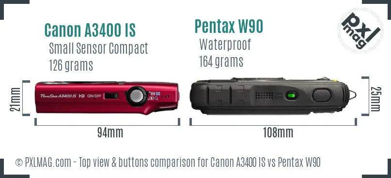 Canon A3400 IS vs Pentax W90 top view buttons comparison Canon A3400 IS vs Pentax W90 top view buttons comparison