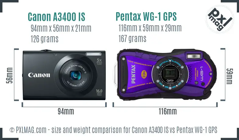 Canon A3400 IS vs Pentax WG-1 GPS size comparison