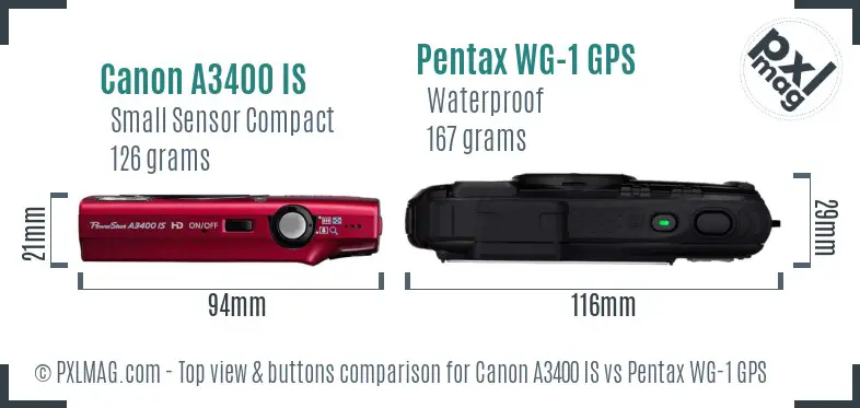 Canon A3400 IS vs Pentax WG-1 GPS top view buttons comparison