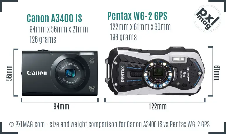 Canon A3400 IS vs Pentax WG-2 GPS size comparison