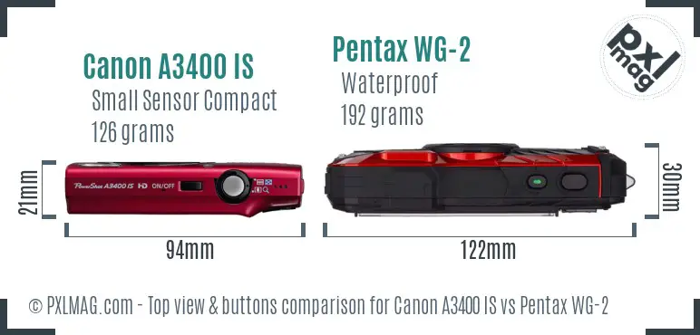 Canon A3400 IS vs Pentax WG-2 top view buttons comparison