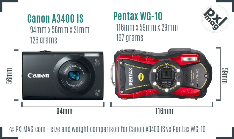 Canon A3400 IS vs Pentax WG-10 size comparison