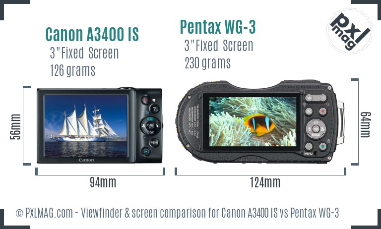 Canon A3400 IS vs Pentax WG-3 Screen and Viewfinder comparison