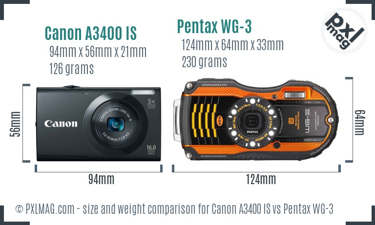 Canon A3400 IS vs Pentax WG-3 size comparison Canon A3400 IS vs Pentax WG-3 size comparison