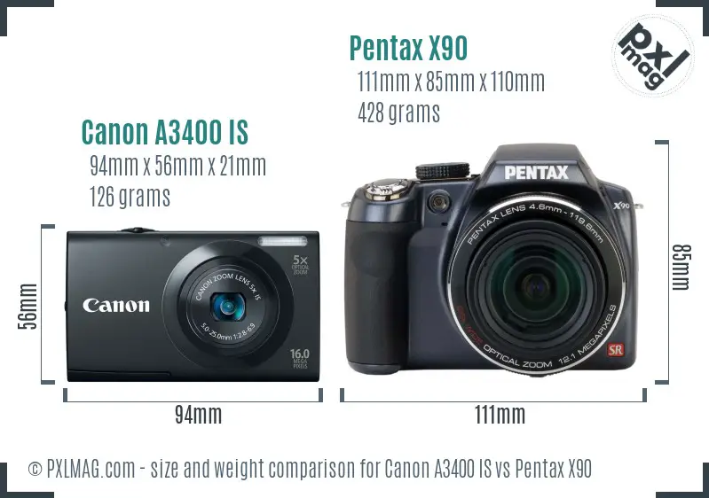 Canon A3400 IS vs Pentax X90 size comparison