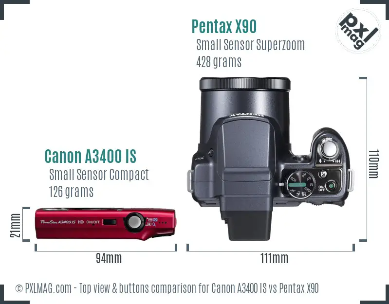 Canon A3400 IS vs Pentax X90 top view buttons comparison
