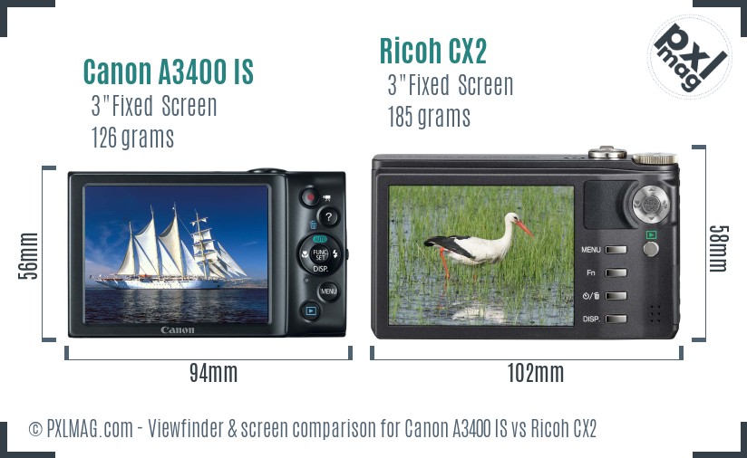 Canon A3400 IS vs Ricoh CX2 Screen and Viewfinder comparison