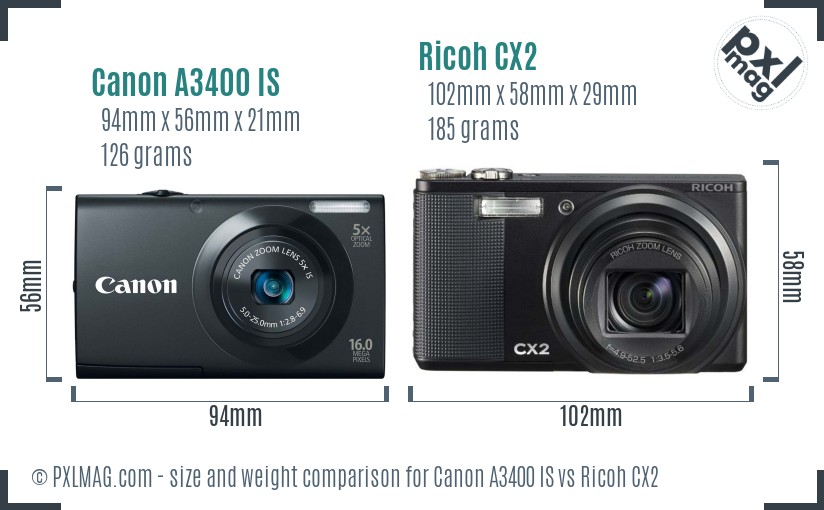 Canon A3400 IS vs Ricoh CX2 size comparison Canon A3400 IS vs Ricoh CX2 size comparison