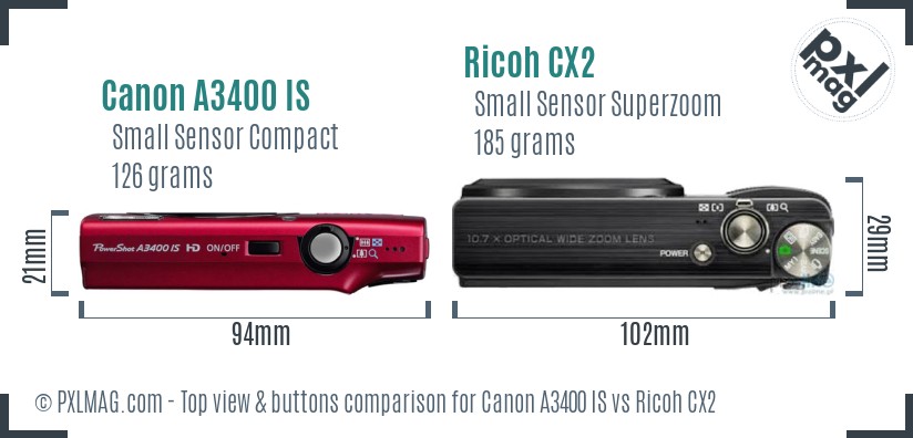 Canon A3400 IS vs Ricoh CX2 top view buttons comparison