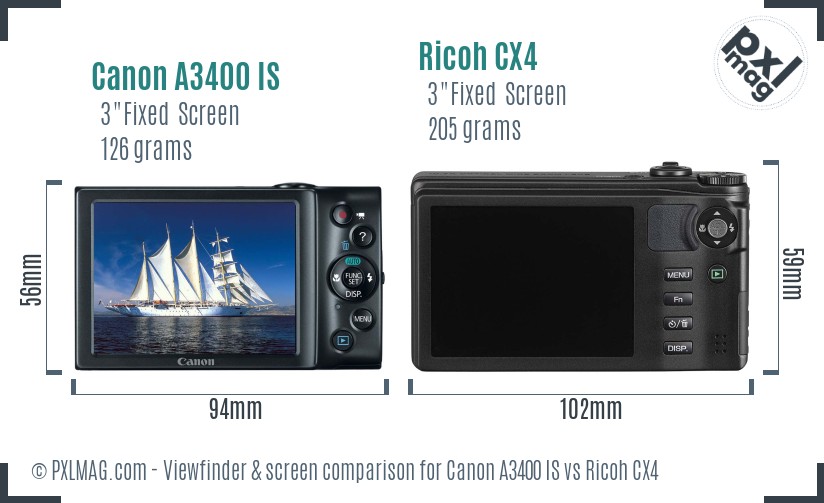 Canon A3400 IS vs Ricoh CX4 Screen and Viewfinder comparison