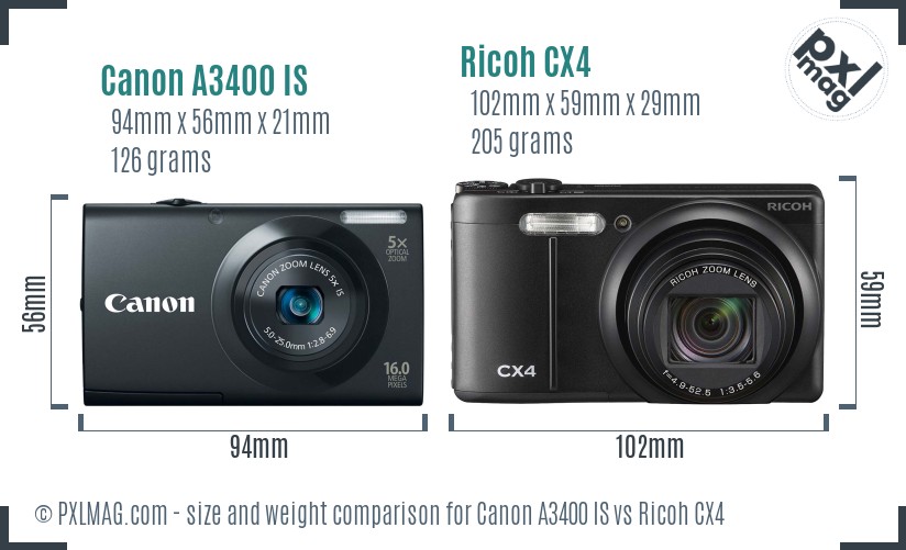 Canon A3400 IS vs Ricoh CX4 size comparison