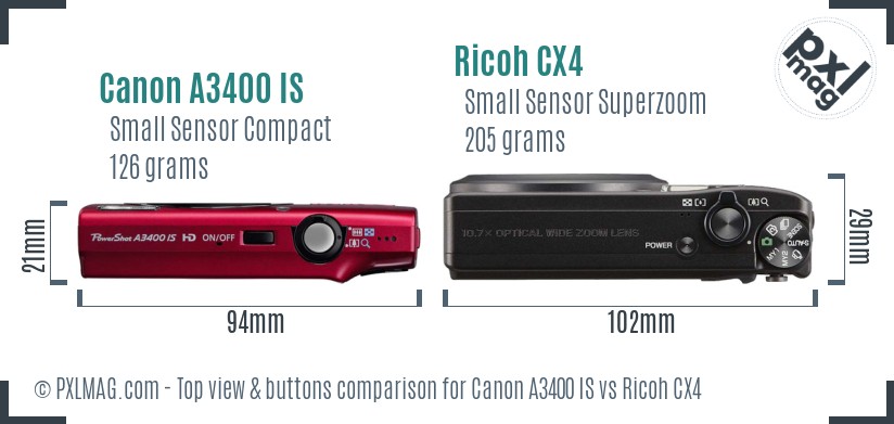 Canon A3400 IS vs Ricoh CX4 top view buttons comparison