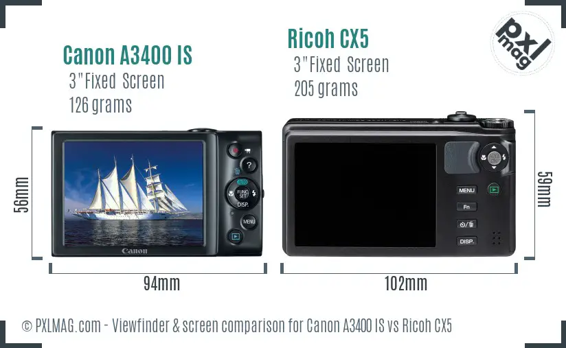 Canon A3400 IS vs Ricoh CX5 Screen and Viewfinder comparison