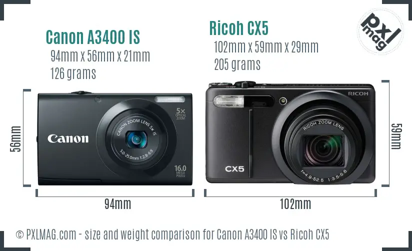 Canon A3400 IS vs Ricoh CX5 size comparison