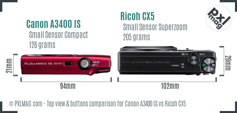 Canon A3400 IS vs Ricoh CX5 top view buttons comparison