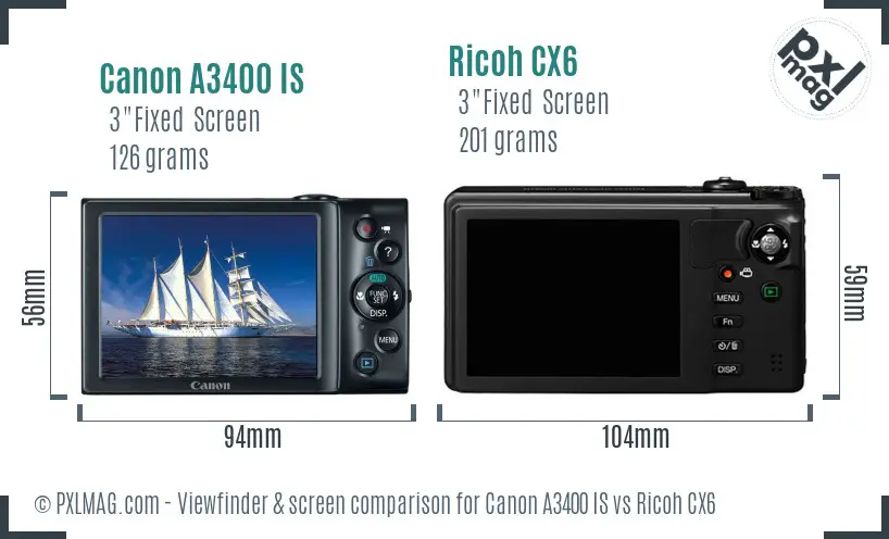 Canon A3400 IS vs Ricoh CX6 Screen and Viewfinder comparison Canon A3400 IS vs Ricoh CX6 Screen and Viewfinder comparison