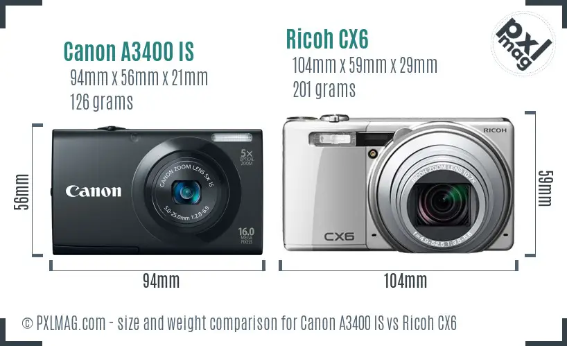 Canon A3400 IS vs Ricoh CX6 size comparison Canon A3400 IS vs Ricoh CX6 size comparison