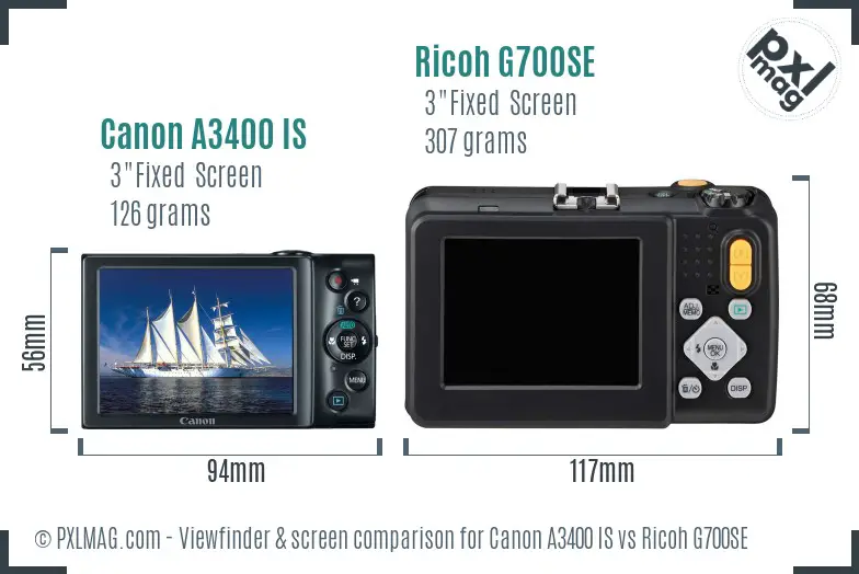 Canon A3400 IS vs Ricoh G700SE Screen and Viewfinder comparison