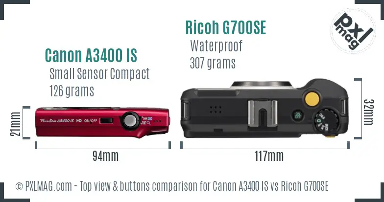 Canon A3400 IS vs Ricoh G700SE top view buttons comparison