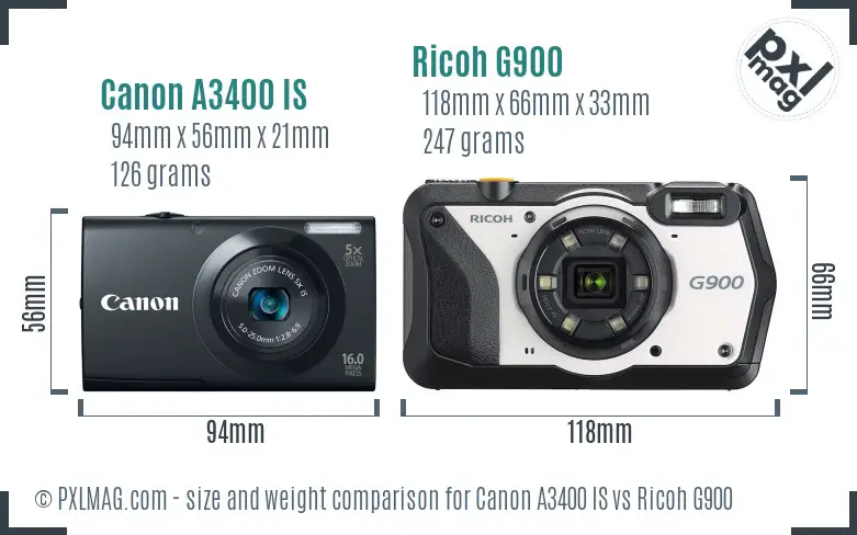 Canon A3400 IS vs Ricoh G900 size comparison