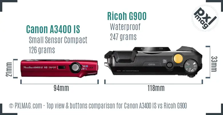 Canon A3400 IS vs Ricoh G900 top view buttons comparison