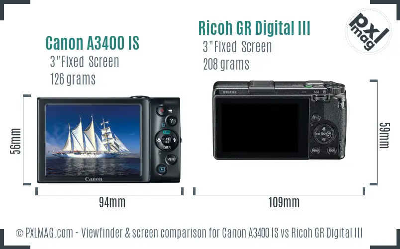 Canon A3400 IS vs Ricoh GR Digital III Screen and Viewfinder comparison