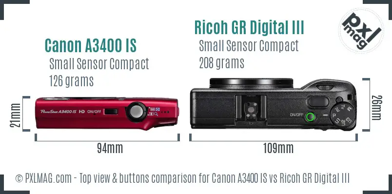 Canon A3400 IS vs Ricoh GR Digital III top view buttons comparison