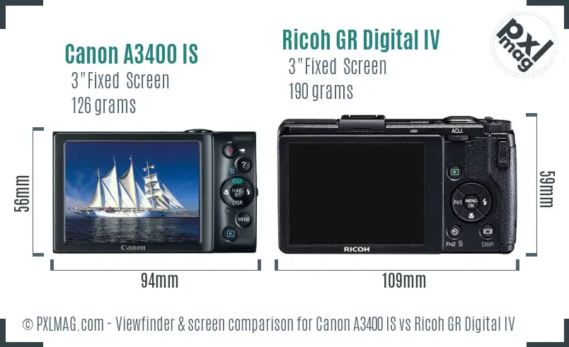 Canon A3400 IS vs Ricoh GR Digital IV Screen and Viewfinder comparison