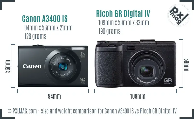 Canon A3400 IS vs Ricoh GR Digital IV size comparison