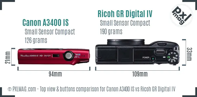 Canon A3400 IS vs Ricoh GR Digital IV top view buttons comparison