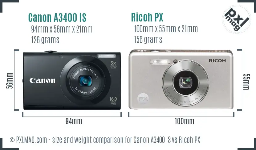 Canon A3400 IS vs Ricoh PX size comparison